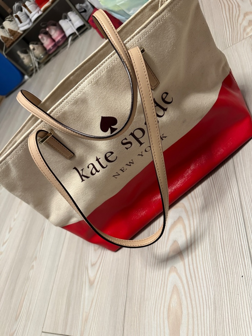 kate spade Red and Cream Canvas Tote with Tan Leather Handles